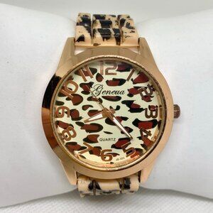 Geneva Leopard print dial women watch gold tone quartz analog 40mm running